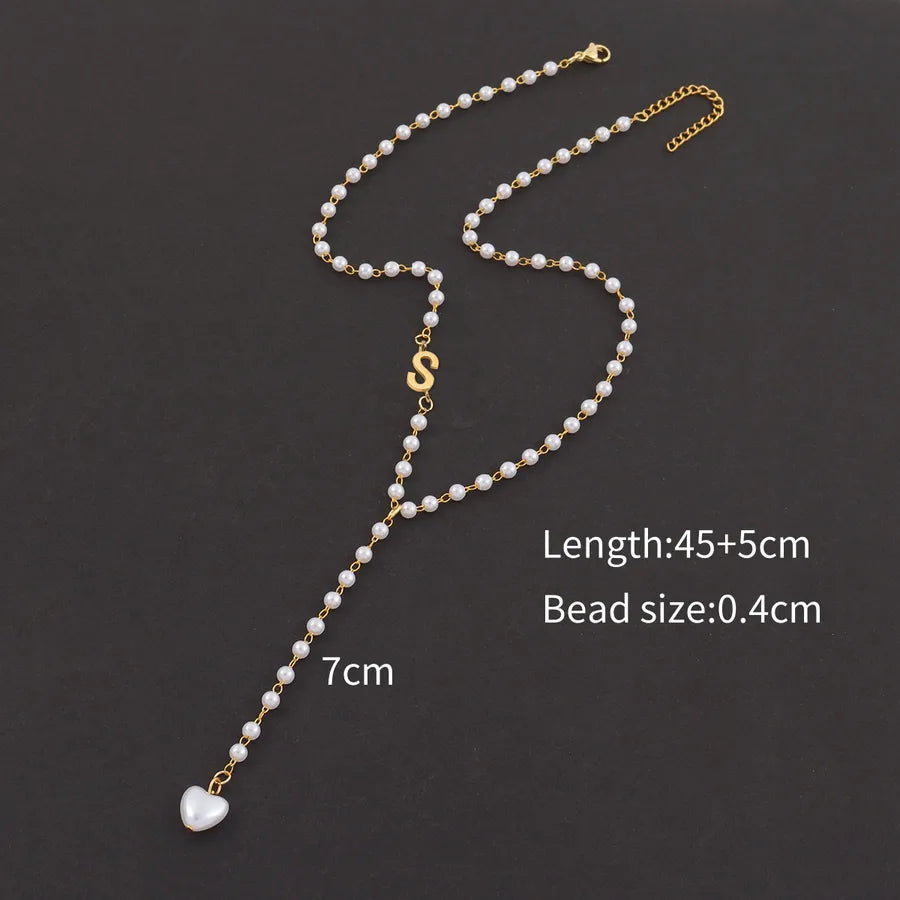 Casual Simple Style Classic Style letter Heart Shape 304 Stainless Steel Artificial Pearl Beaded Chain Y-necklaces Wholesale