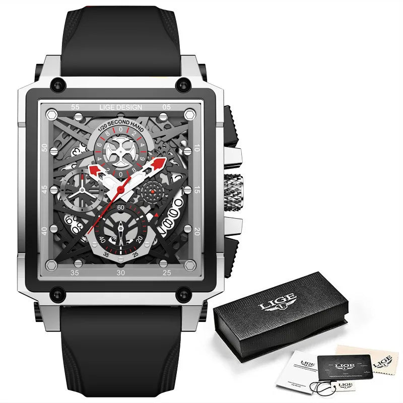 LIGE/LIGE  new men's watch Square multi-function chronograph 30m waterproof watch