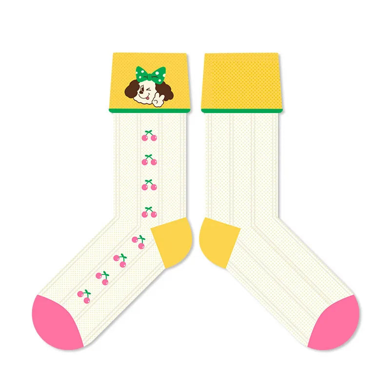 A Pair Cartoon Women's Cartoon Cherry Bow Knot Cotton Crew Socks