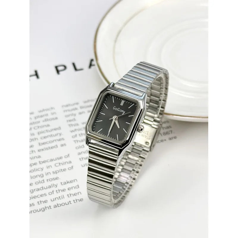 Elegant Quartz Women's Watch Square Steel Band Simple Fashion Retro New Model Round Dial Leather Strap Casual Style