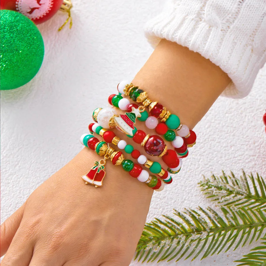 Christmas Theme Acrylic Bracelet Set For Women Elastic Santa Claus And Deer Beads Colorful Holiday Hand Chain Jewelry
