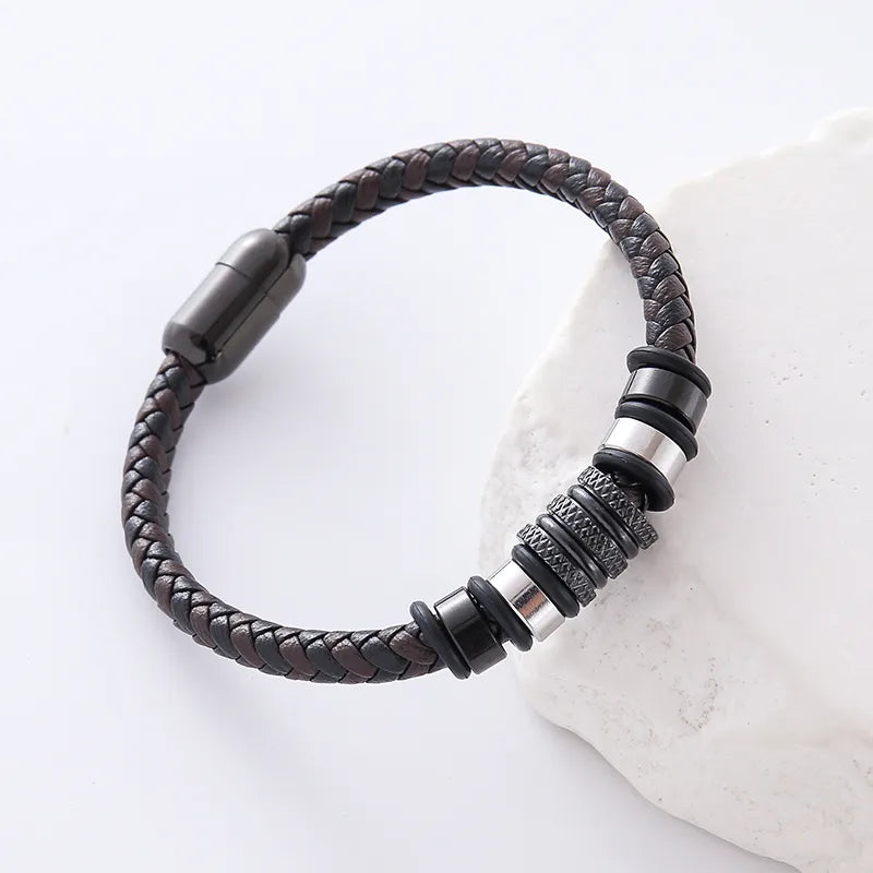 Hip-Hop Double Ring Leather Plating Men's Bracelets