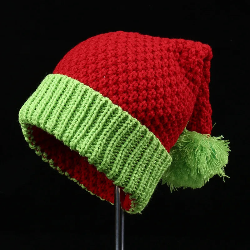 Red Christmas Festival Knitted Wool Hat Autumn and Winter Fur Ball Striped Parent-Child Warm Christmas Gift Knitted Hat