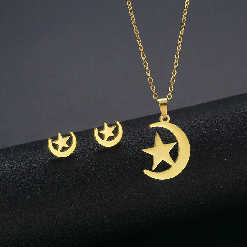 Wholesale Jewelry IG Style Casual Streetwear Moon Hand Of Fatima Butterfly 201 Stainless Steel cable chain Small Stud Earrings Necklace