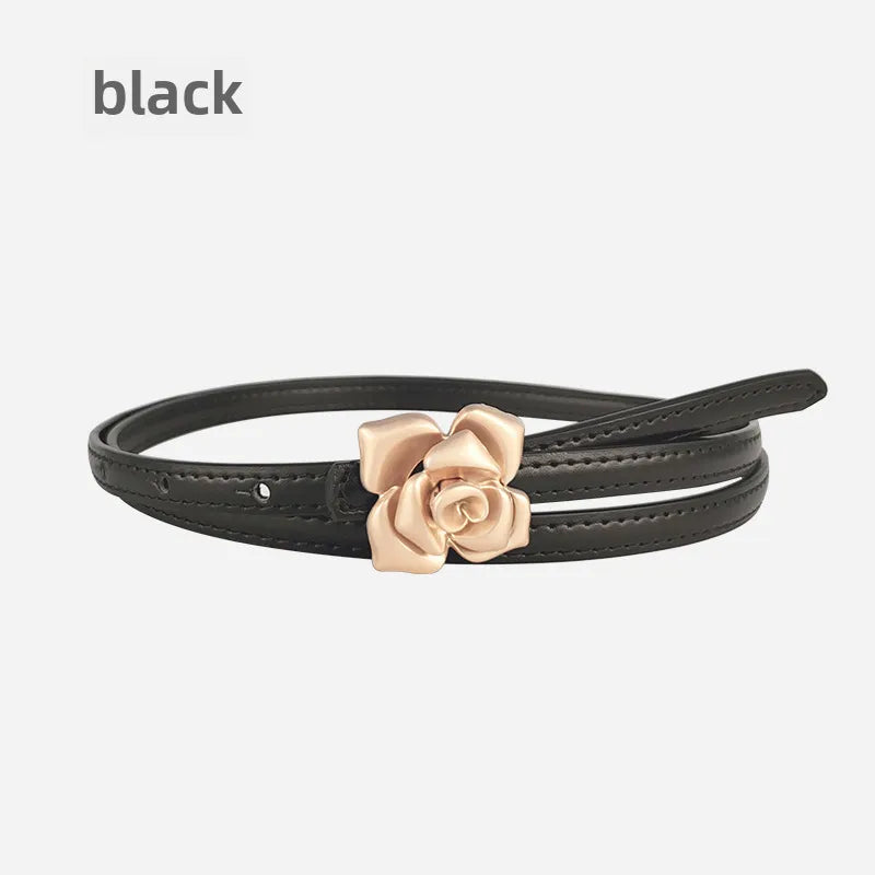 New Genuine Leather Women's Thin Belt Women's Flower Waist Slim Cowhide Women's Belt with Sweater Dress