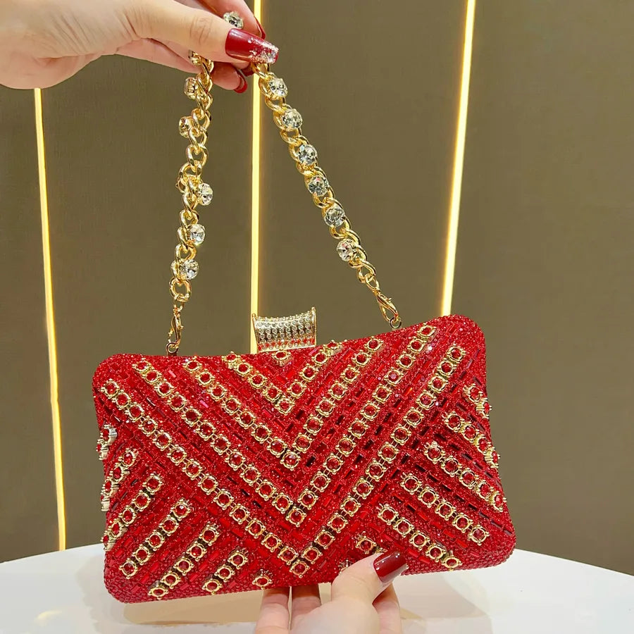 New Evening Gown Diamond Clutch Bag Single Shoulder Crossbody Women's Handbag Pillow Shape Polyester Striped Pattern