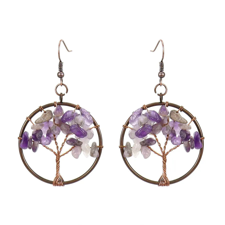 1 pair ethnic style pastoral tree hollow out natural stone copper drop earrings