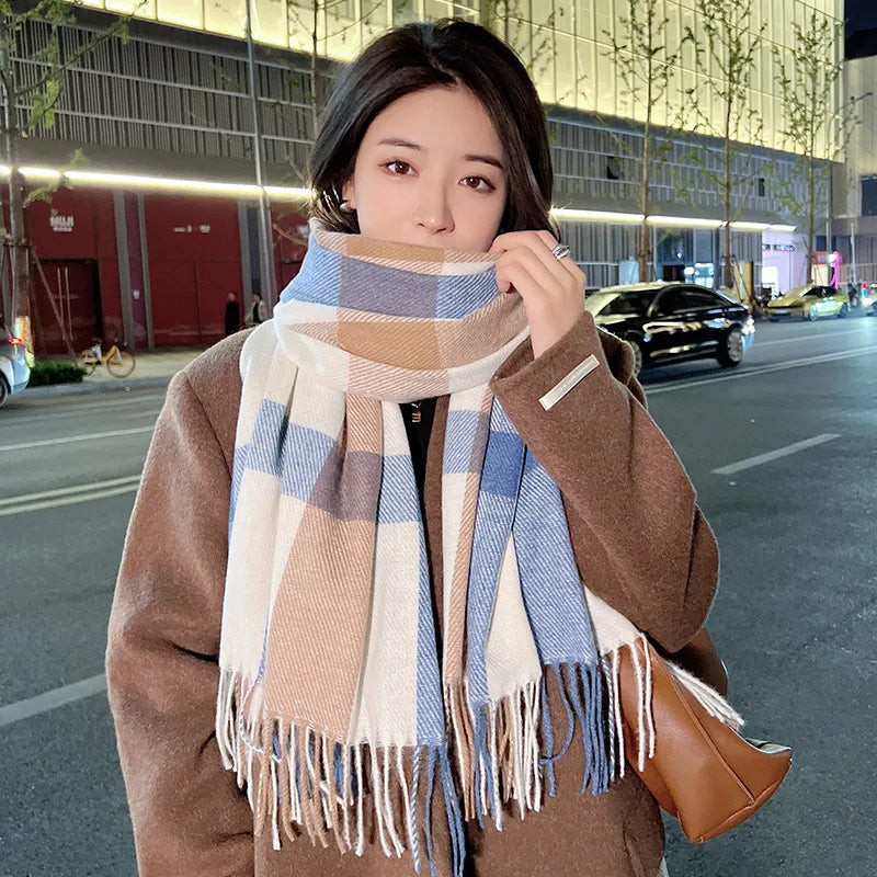 women's fashion plaid imitation cashmere tassel winter scarves