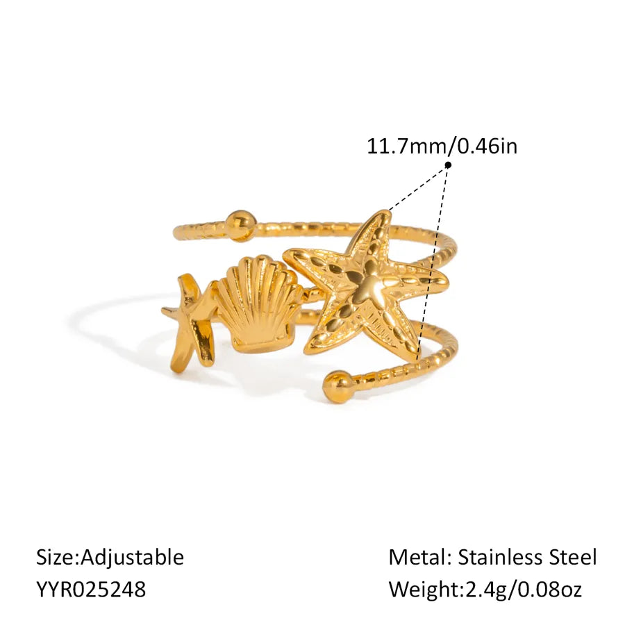 Wholesale Jewelry Elegant Hawaiian Beach Starfish Shell 304 Stainless Steel 18K Gold Plated Polishing Plating Open Rings