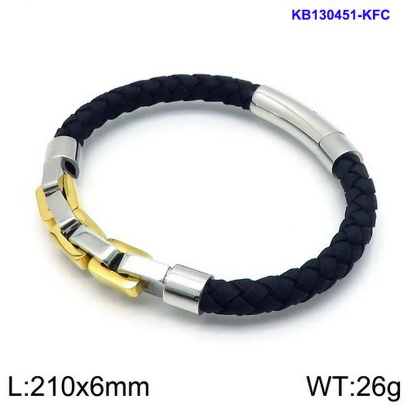 Hip-Hop Retro Color Block Pu Leather Titanium Steel Plating Chain 18K Gold Plated Men's Bangle