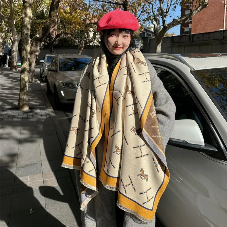 women's retro color block imitation cashmere printing scarf