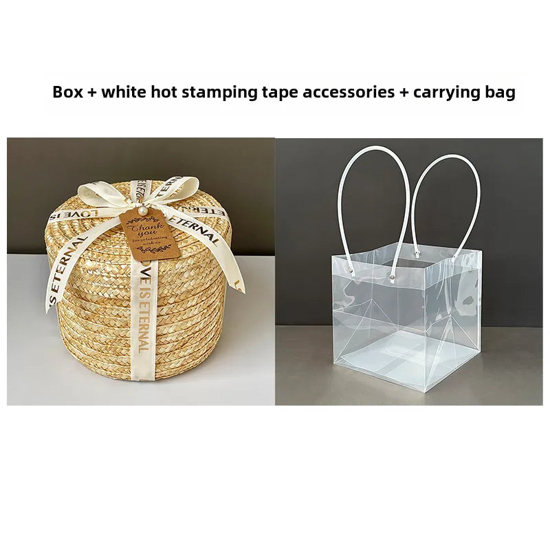 Round Straw Box with Lid Hug Bucket Rattan Hand Gift Box Baking Wedding  Storage Handmade Woven Box
