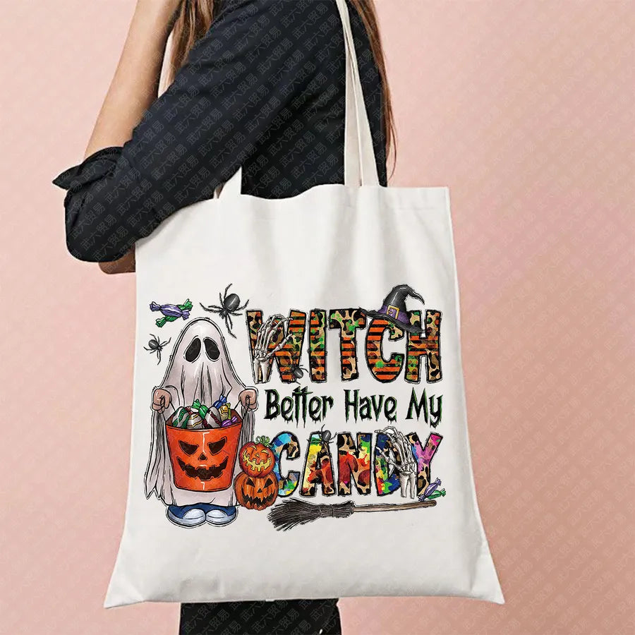 Scary Cat Halloween Pumpkin Pattern Canvas Tote Bag Reusable Shopping Bag Large Square Shape Double Shoulder Strap Tote Bag
