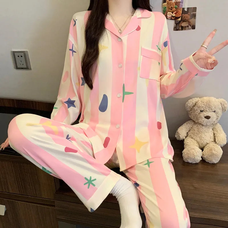 Purple Heart Sweet Style Women's Sleepwear Long Sleeve Home Clothes Spring Autumn High Sensation Dormitory Outdoor Wear Set