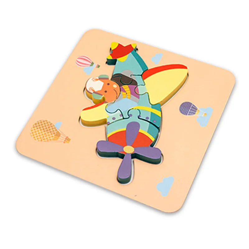 Children's Cartoon 3D Wooden Puzzle Educational Cognitive Animal Enrichment Toy Transportation Vehicle Assembly Kit