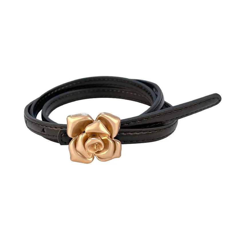 New Genuine Leather Women's Thin Belt Women's Flower Waist Slim Cowhide Women's Belt with Sweater Dress