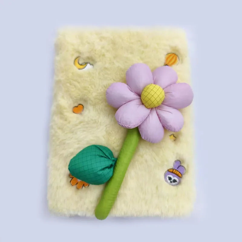 Creative A5 Plush Notebook Cartoon Mini Book Student Diary With Horizontal Lines 70g*80 Pages White And Yellow Flocking Material