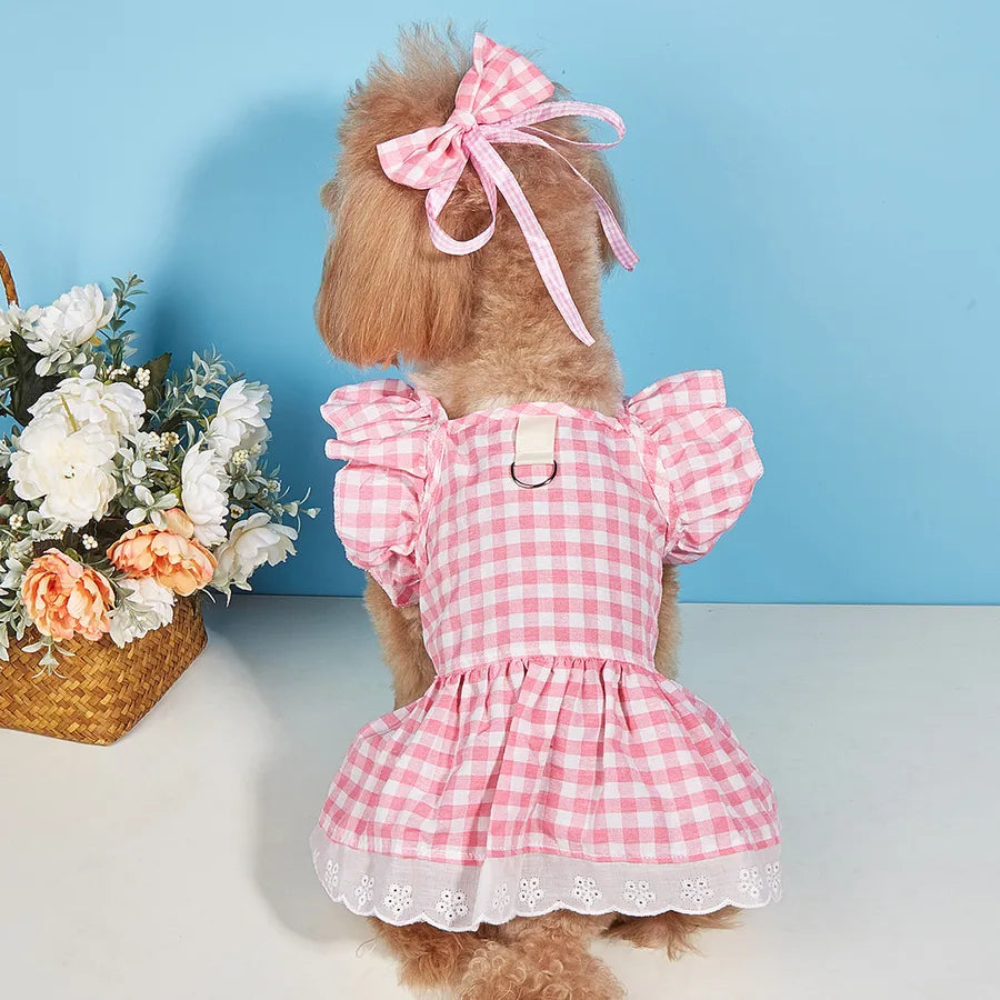 sweet cotton plaid bow knot pet clothing