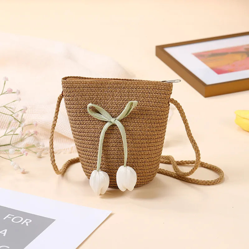 Summer Beach Seaside Tulip Straw Woven Bag  New Children Flower Straw Bag Mobile Phone Crossbody Bag