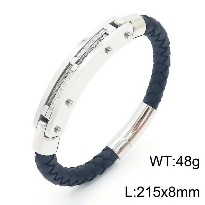 Hip-Hop Retro Color Block Pu Leather Titanium Steel Inlay Zircon 18K Gold Plated Men's Bangle