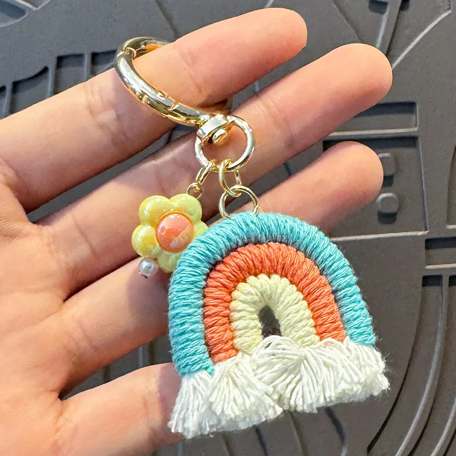 Cute Metal Keychain Pendant Beaded Bookbag Girl's Bag Charm  Style Cartoon Design Half Handmade Flower