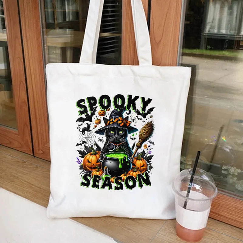 Cute Cat Halloween Party Bag Women Ghost Canvas Tote Bag Harajuku Fashion Shopping Bag Square Shape Large Size Retro Print