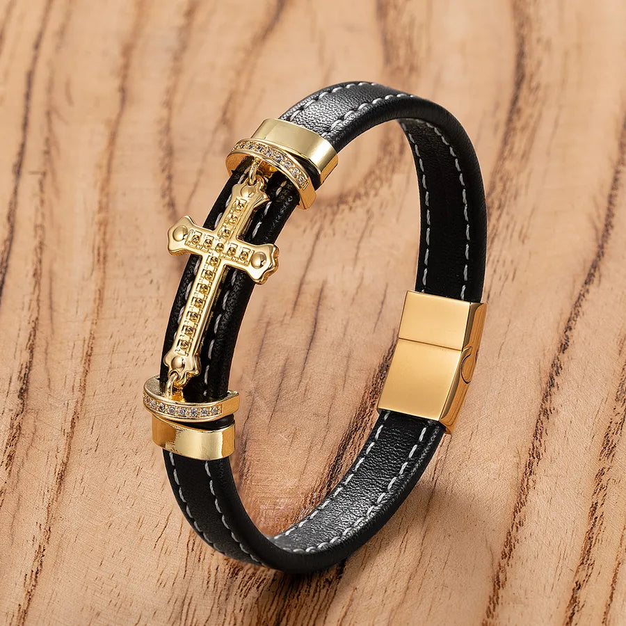 New Men's Fashion Stainless Steel Cross Shelf Accessories Bracelet Personality Woven Leather String Bracelet Ornament Wholesale