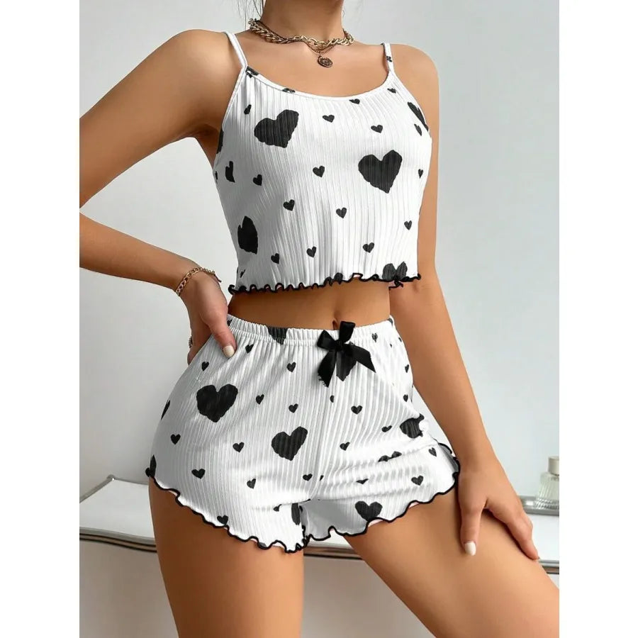 Home Sleeping Women's Sweet Heart Shape Bow Knot Rib Fabrics Shorts Sets Pajama Sets