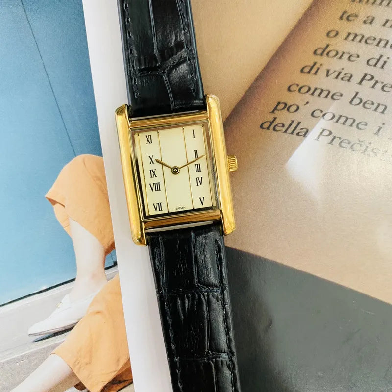 Gold Roman Scale Rectangular Vintage Style Women's Quartz Watch Stainless Steel Band Mineral Glass Face Pin Buckle Clasp