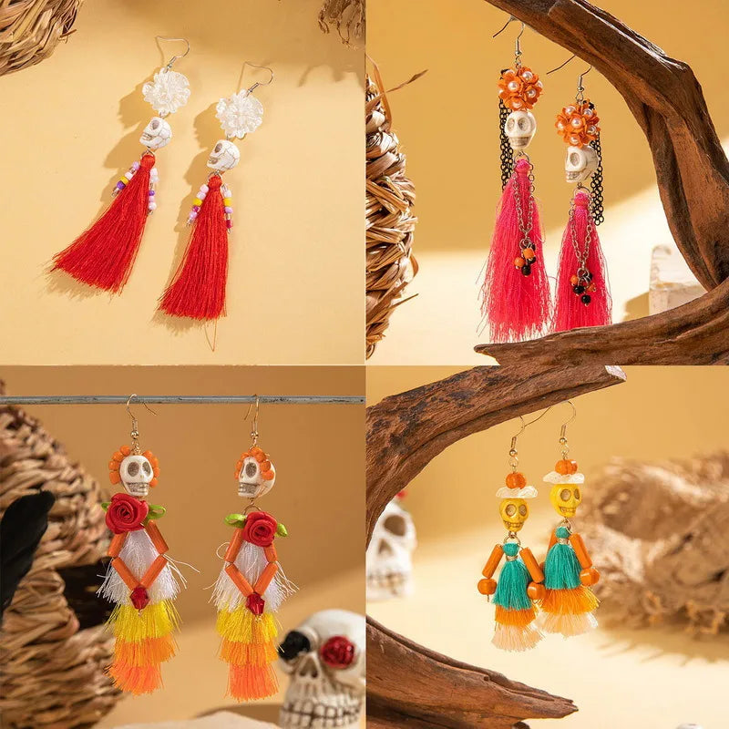 Creative Halloween Skull Tassel Earrings  Style Funny Geometric Pattern Handmade Alloy Women's Jewelry