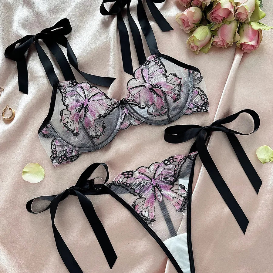 Women's Sexy Butterfly Sexy Lingerie Sets Home Honeymoon Sheer Bra Low Waist Bandage See-Through Sexy Lingerie