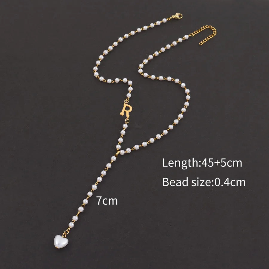 Casual Simple Style Classic Style letter Heart Shape 304 Stainless Steel Artificial Pearl Beaded Chain Y-necklaces Wholesale