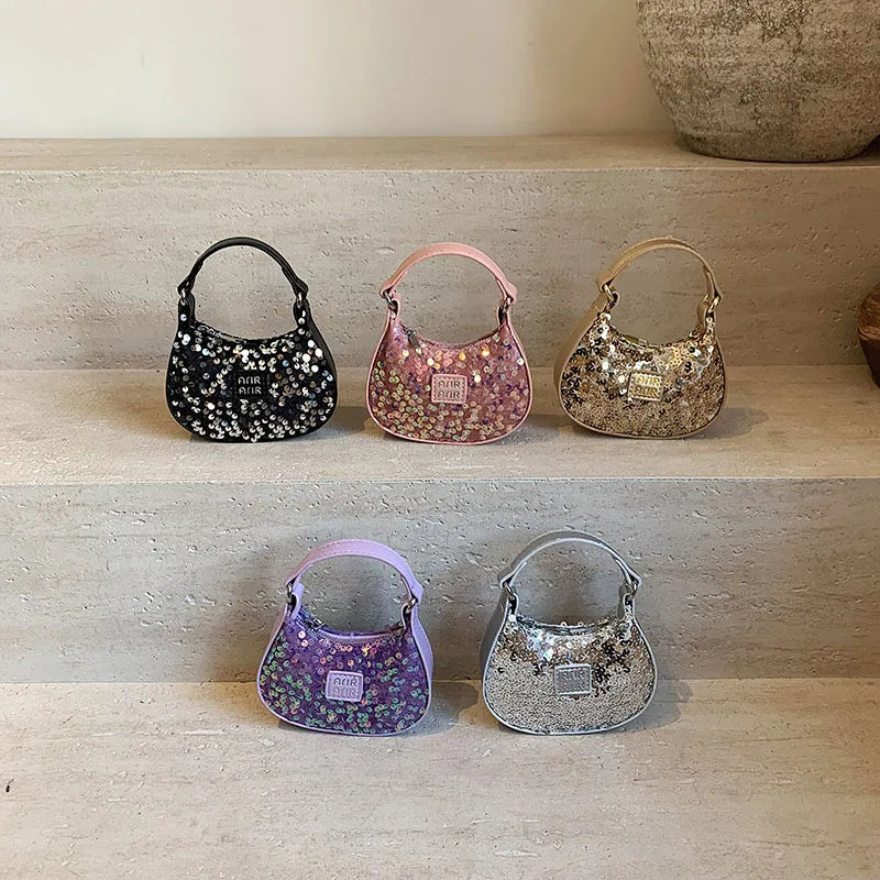 Women's Sequin Pu Leather Solid Color Streetwear Sewing Thread Oval Zipper Handbag Crossbody Bag