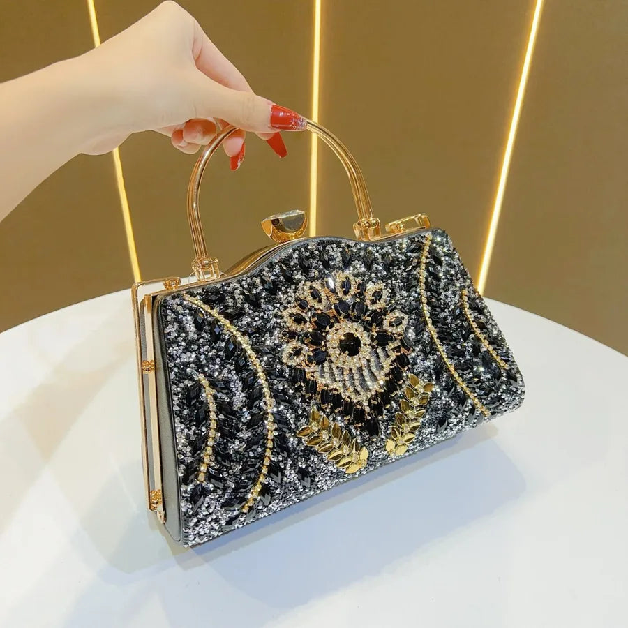 New Large Capacity Women's Diamond Embedded Handbag Evening Bag Single Shoulder Slant Cross Handbag Fashionable Box Shape