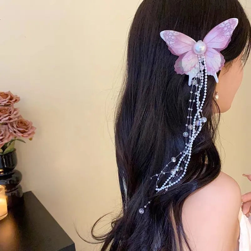Super Fairy Artificial Flower Butterfly Flower Tassel Grip Female Sweet Style Unique and Exquisite Barrettes Ins All-Match Hair Accessories Fashion