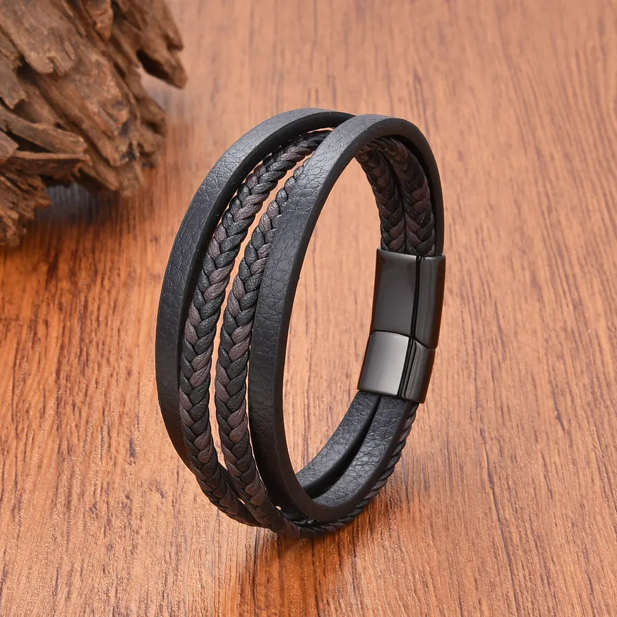 Casual Simple Style Classic Style Geometric 304 Stainless Steel Leather rope Layered Men's Bracelets