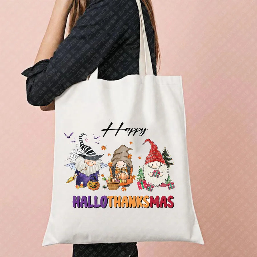 Halloween Witch Pattern Canvas Tote Bag Reusable Shopping Bag For Commuting Traveling Women Large Square Fashionable Bag