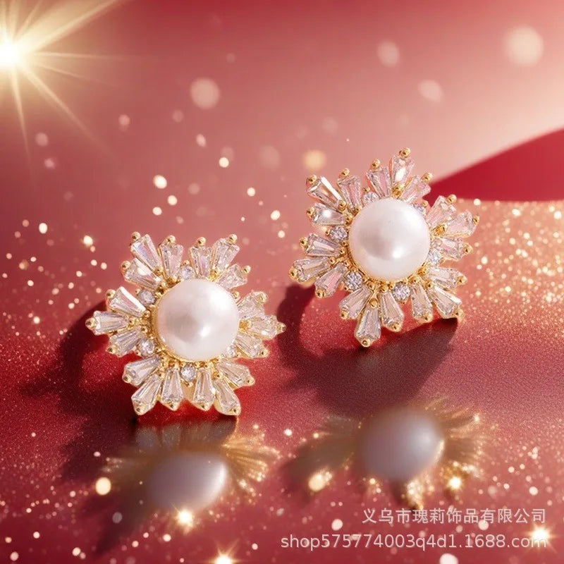 Elegant Glam Snowflake Freshwater Pearl Copper Zircon Rings Earrings Necklace In Bulk