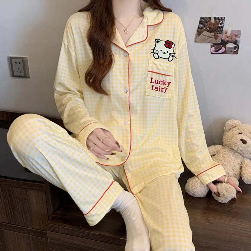 Sweet Heart Plaid Long Sleeve Sleepwear Set Women's Home Clothes Spring Autumn Season Polyester Milk Silk Thin Breathable Casual