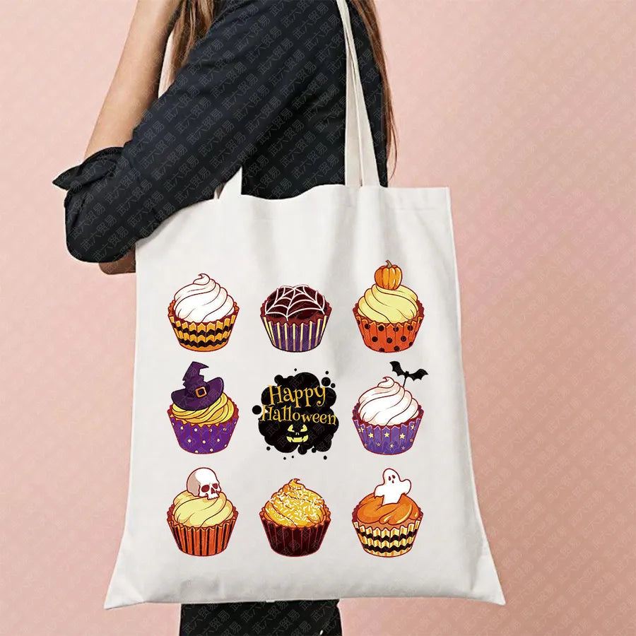 Scary Cat Halloween Pumpkin Pattern Canvas Tote Bag Reusable Shopping Bag Large Square Shape Double Shoulder Strap Tote Bag