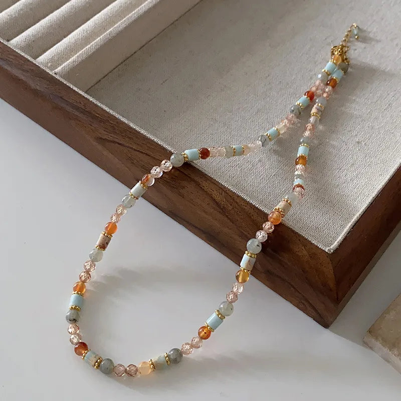 Retro Japanese Style Geometric natural stone Freshwater Pearl Agate Pendant Necklace In Bulk