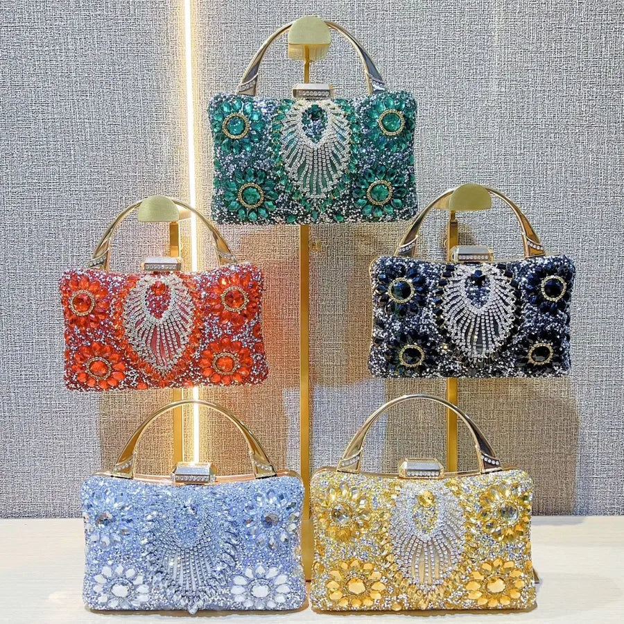 New Heavy Work Diamond Embedded Evening Bag Women's Wedding Banquet Match Cheongsam Handbag Square Shape Single Shoulder Strap