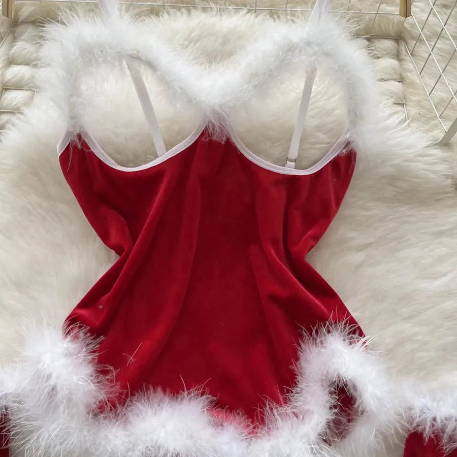 Women's Christmas Sexy Solid Color Sexy Lingerie Sets Party Jumpsuit Mid Waist Thong Sexy Lingerie