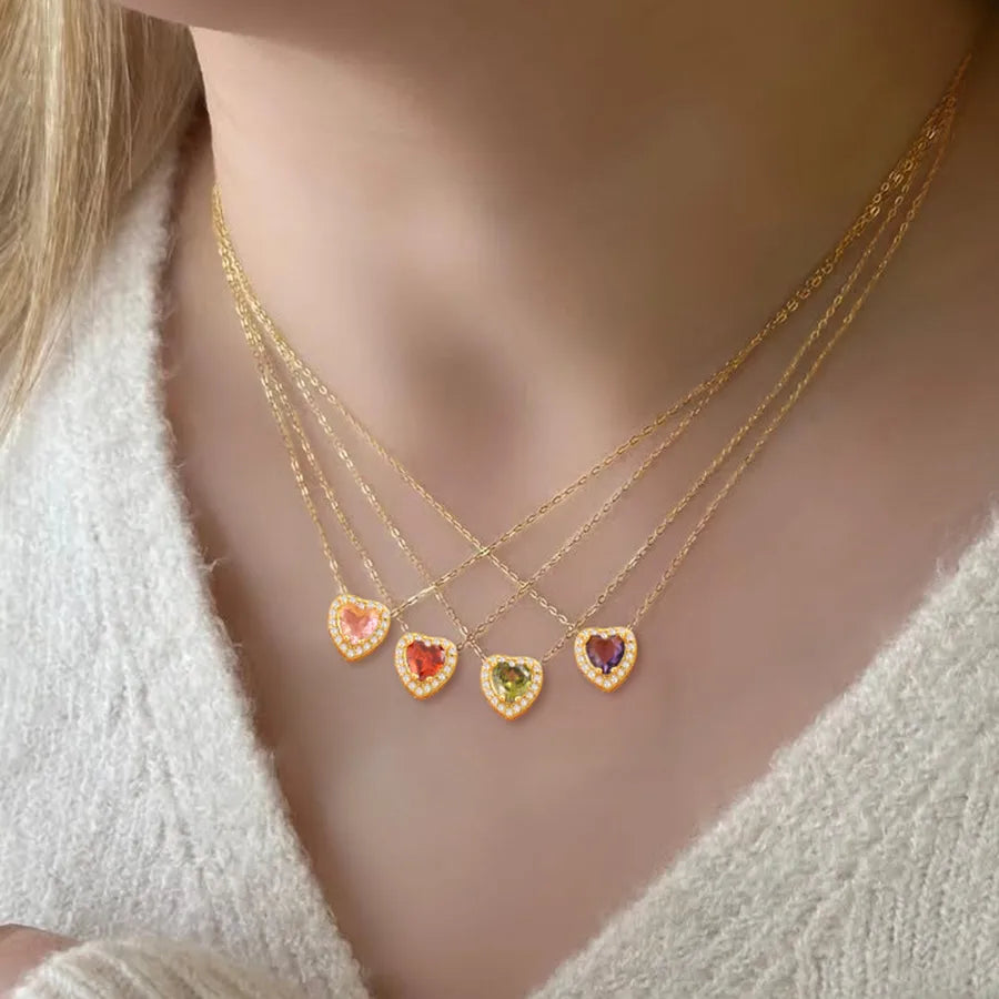 Wholesale Jewelry Elegant Simple Style Classic Style Heart Shape 201 Stainless Steel Copper Artificial Crystal Inlay cable chain Pendant Necklace