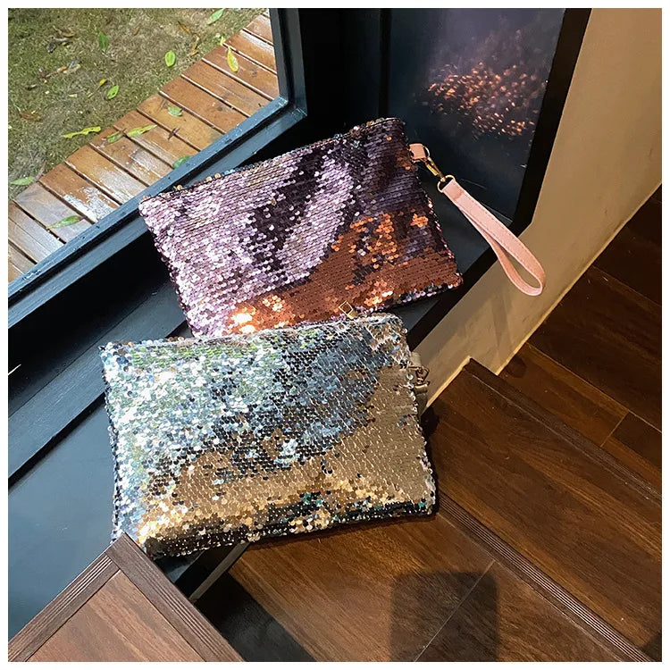 Women's Sequin Solid Color Elegant Square Zipper Clutch Bag