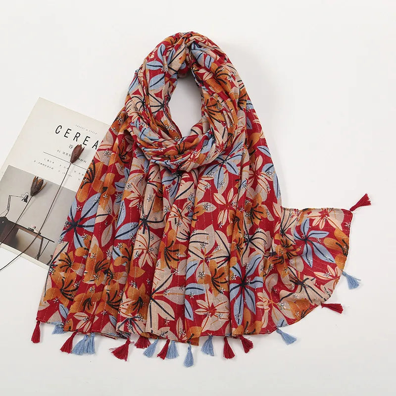 women's retro color block polyester printing scarf