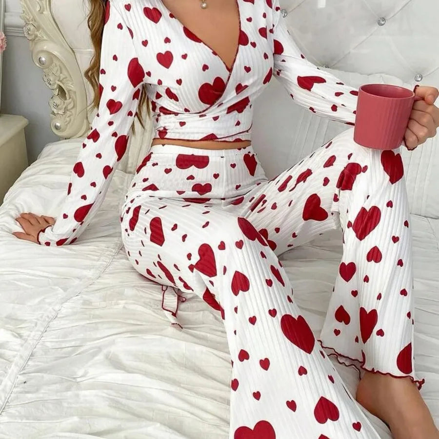 New European Style Home Clothes Set Women's Long Sleeve V-Neck Heart Print Two-Piece Suit Sweet Pure Desire Sleepwear