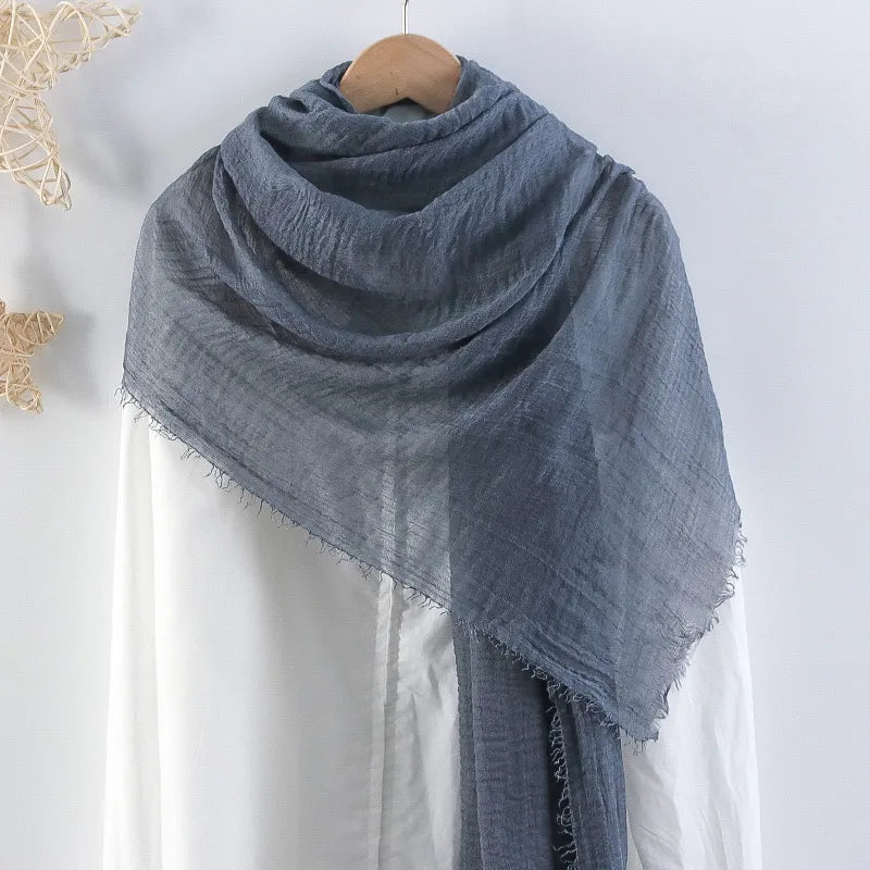 Hot selling solid color pleated cotton and linen scarf  women's bag headscarf crumpled hair fringe bubble scarf women's scarf cover head