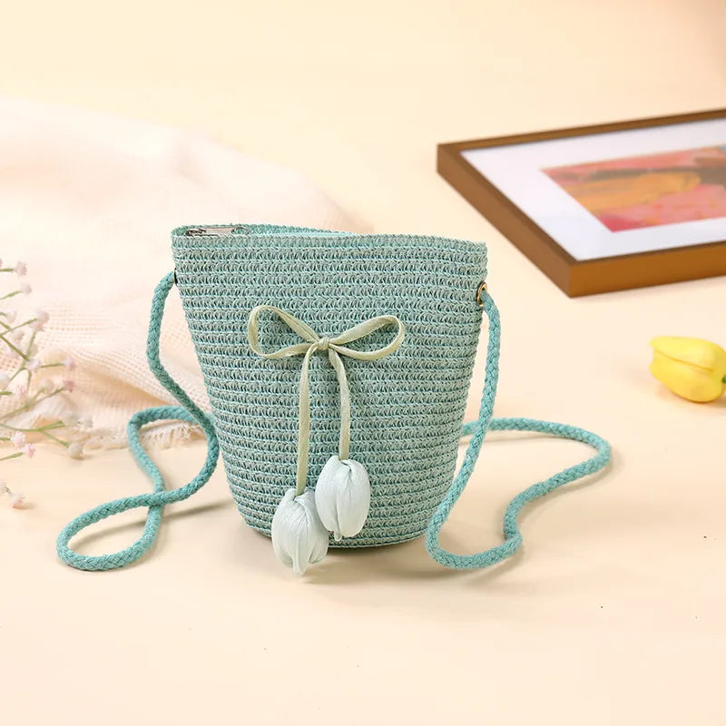 Summer Beach Seaside Tulip Straw Woven Bag  New Children Flower Straw Bag Mobile Phone Crossbody Bag