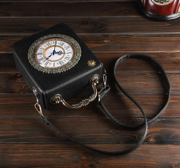 Women's Medium Pu Leather Clock Vintage Style Square Zipper Handbag